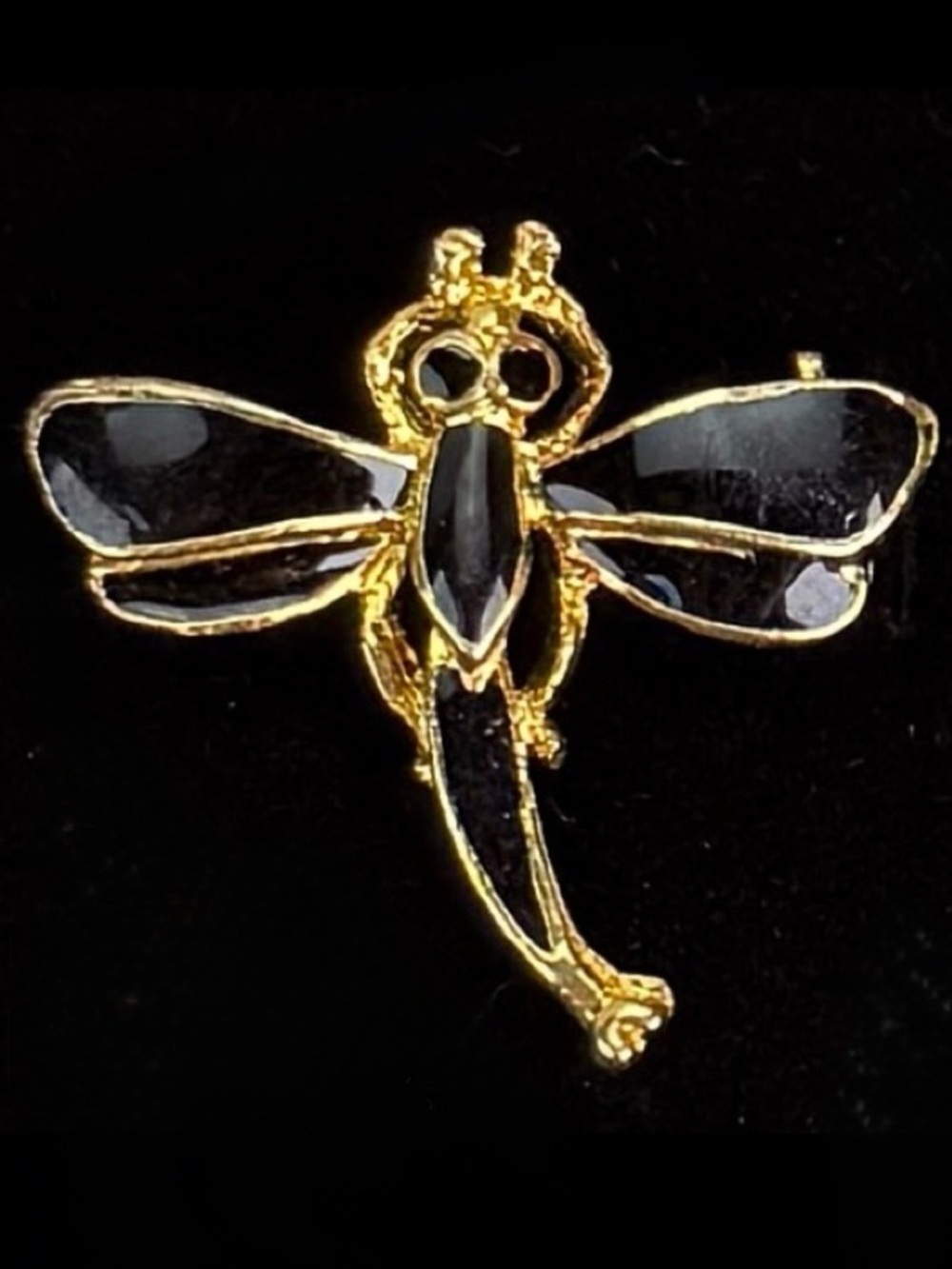 Vintage Goldtone Black Enamel Dragonfly Brooch